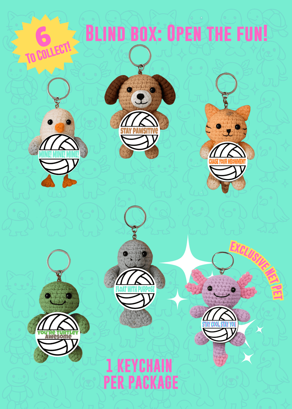 NetPets Surprise Crochet Keychains – 6 Collectible Volleyball Animal Blind Bags with Inspirational Quotes